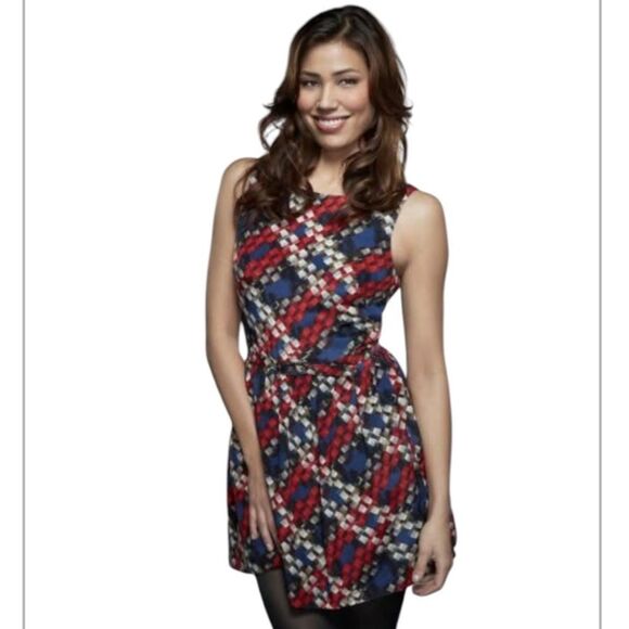 Trina Turk Silk Plaid Fit & Flare Dress Szโ 10 Multicolor Sleeveless Scoop Neck - Picture 1 of 9